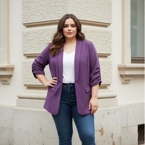 Sejour Plus 20W Open Front Blazer Jacket Plum Purple Scrunch Sleeve Glamoratti